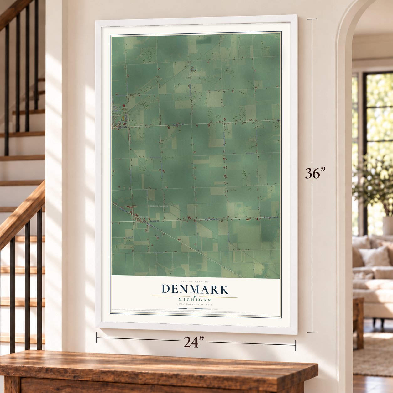 Denmark, Michigan map, 24 x 36 inch print in a white frame by a staircase