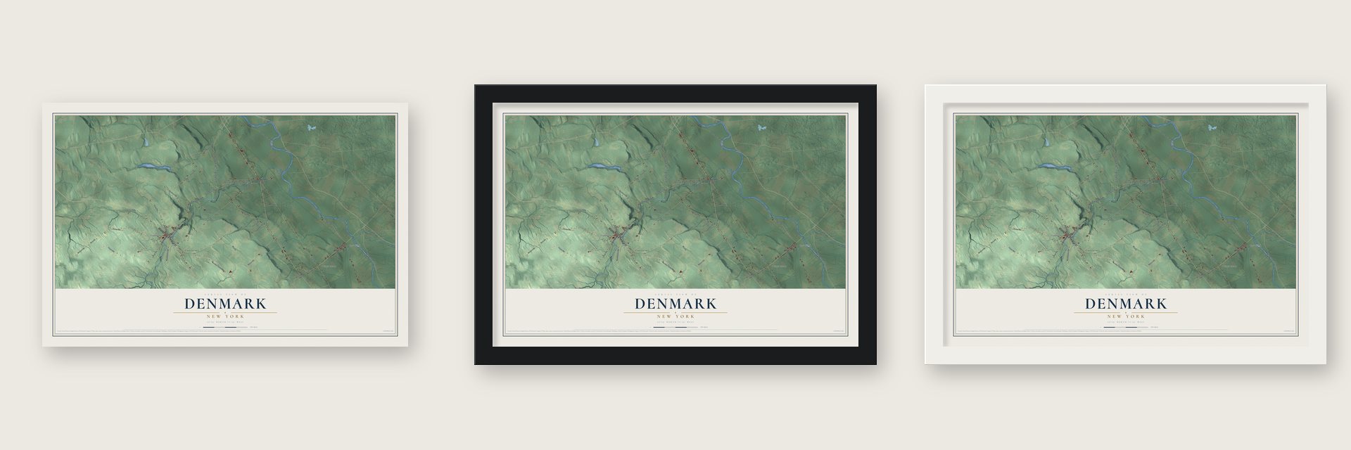 Denmark, New York map unframed, in a black wood frame and in a white wood frame