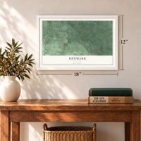 Denmark, New York map, 12 x 18 inch print in a white frame in an entryway