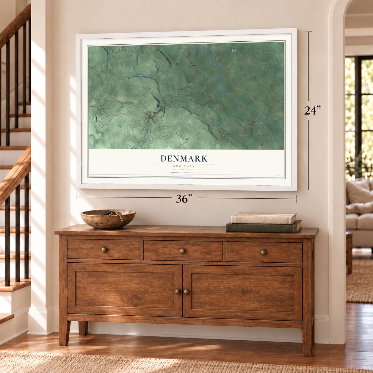 Denmark, New York map, 24 x 36 inch print in a white frame above a dresser by a staircase