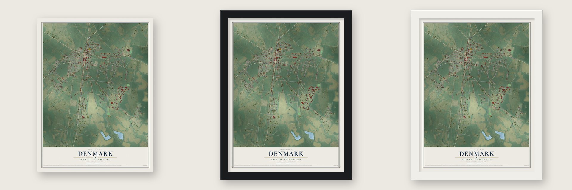 Denmark, South Carolina map unframed, in a black wood frame and in a white wood frame