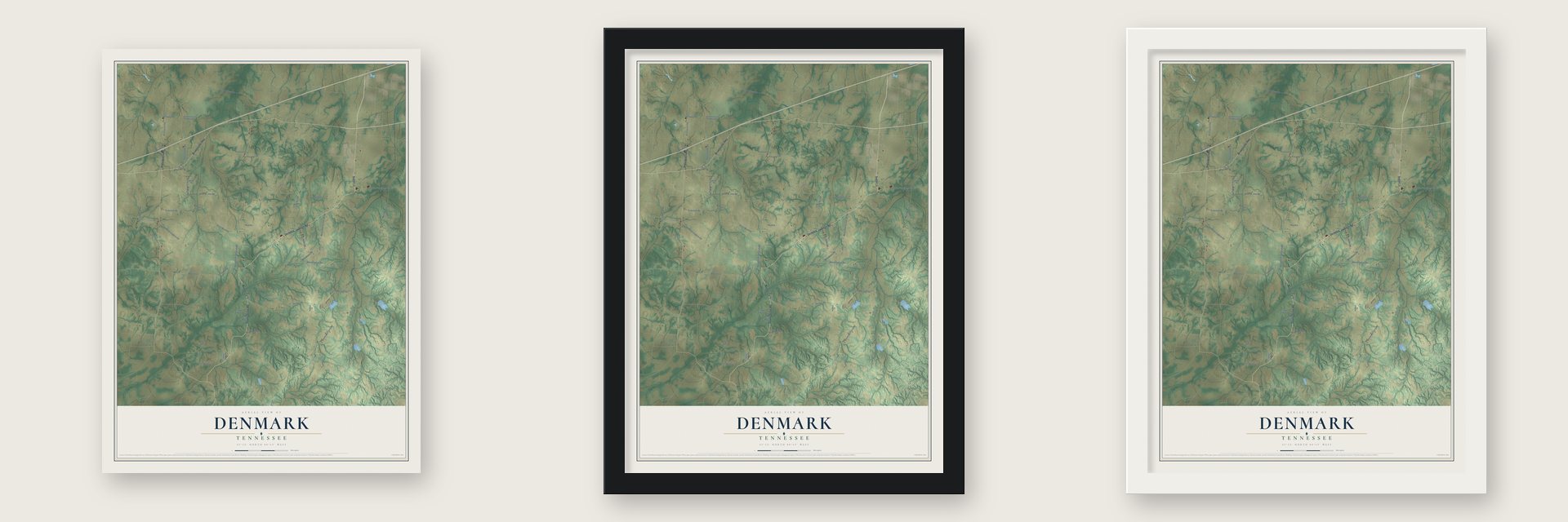 Denmark, Tennessee map unframed, in a black wood frame and in a white wood frame