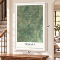 Denmark, Tennessee map, 24 x 36 inch print in a white frame by a staircase