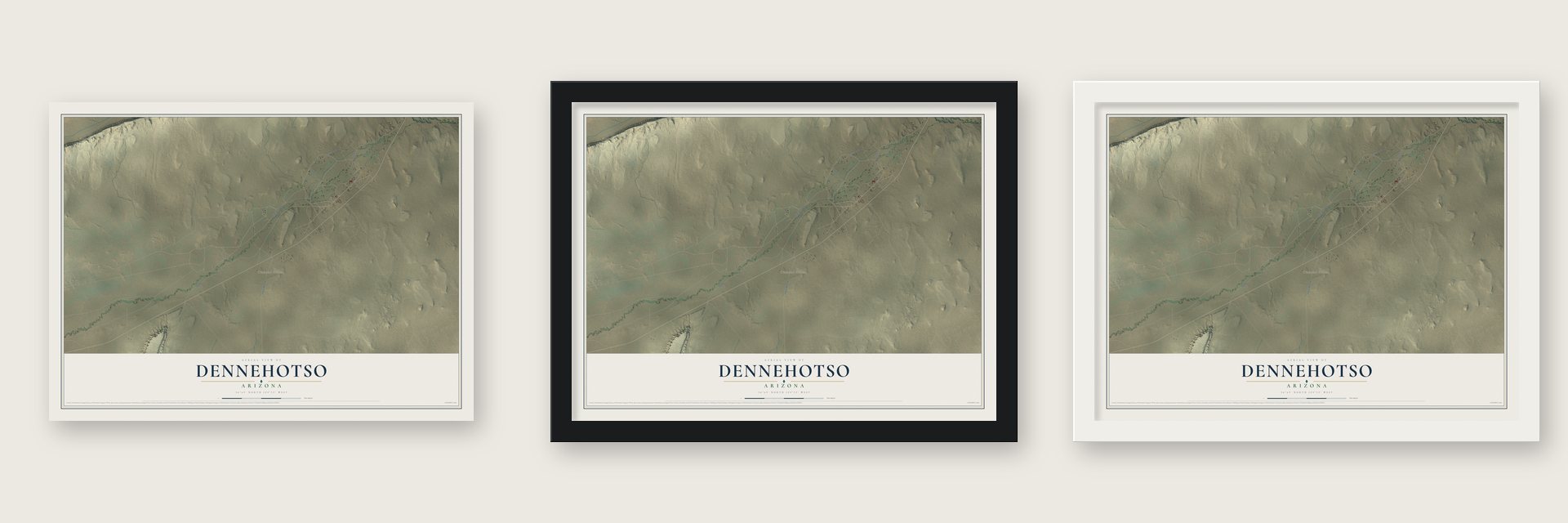 Dennehotso, Arizona map unframed, in a black wood frame and in a white wood frame
