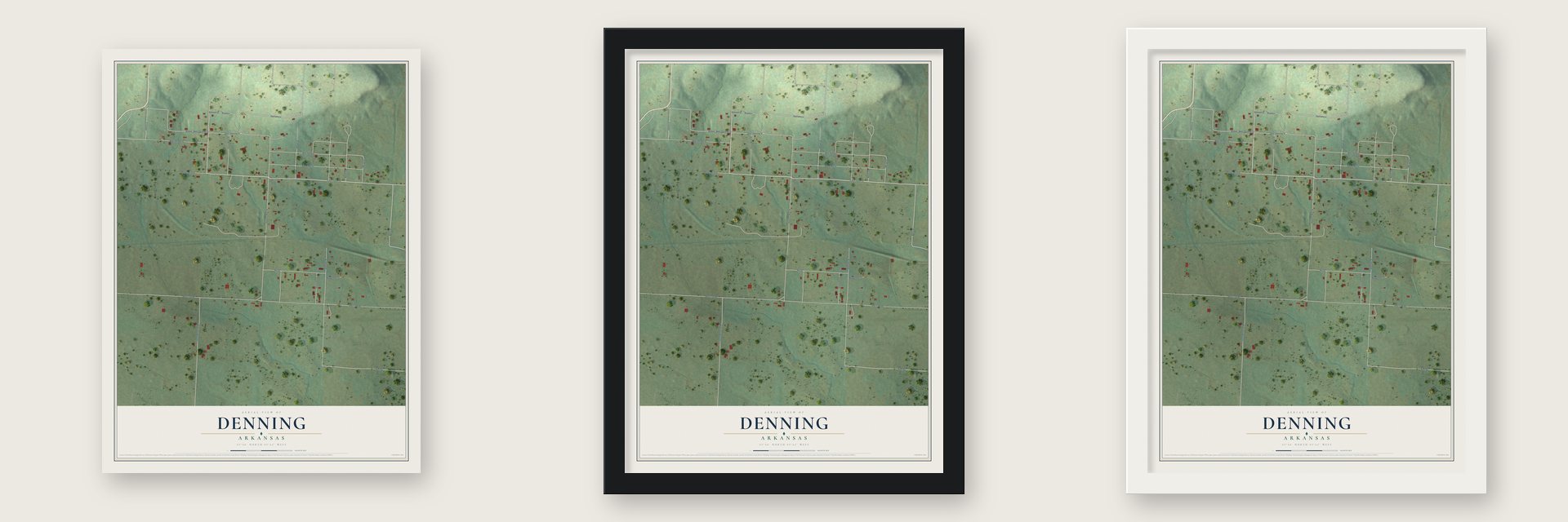 Denning, Arkansas map unframed, in a black wood frame and in a white wood frame