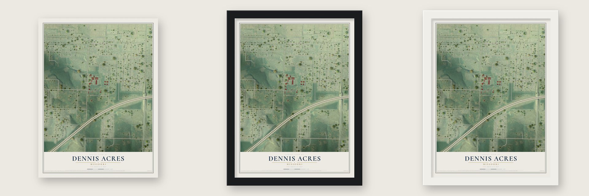 Dennis Acres, Missouri map unframed, in a black wood frame and in a white wood frame