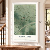 Dennis Acres, Missouri map, 24 x 36 inch print in a white frame by a staircase