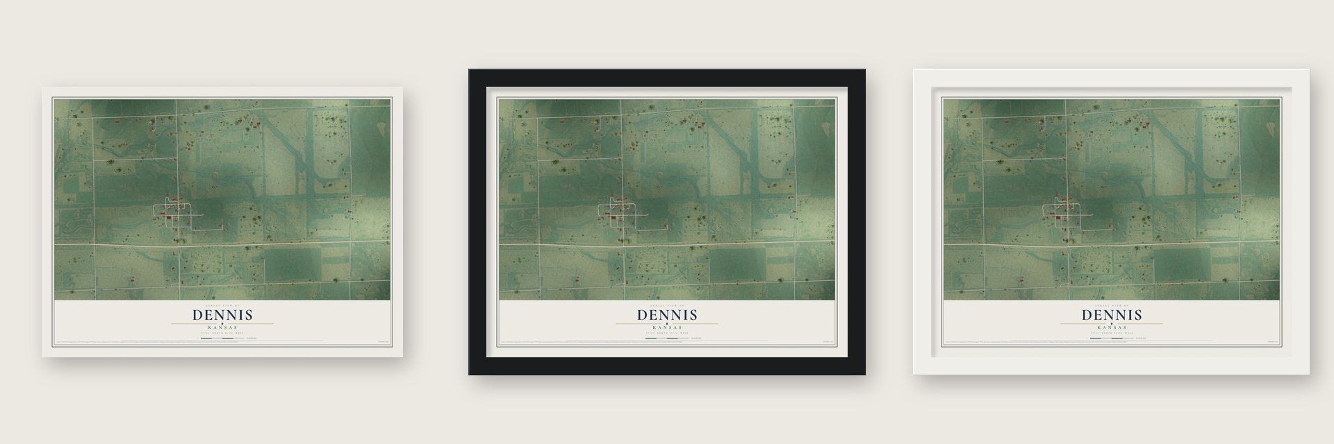 Dennis, Kansas map unframed, in a black wood frame and in a white wood frame
