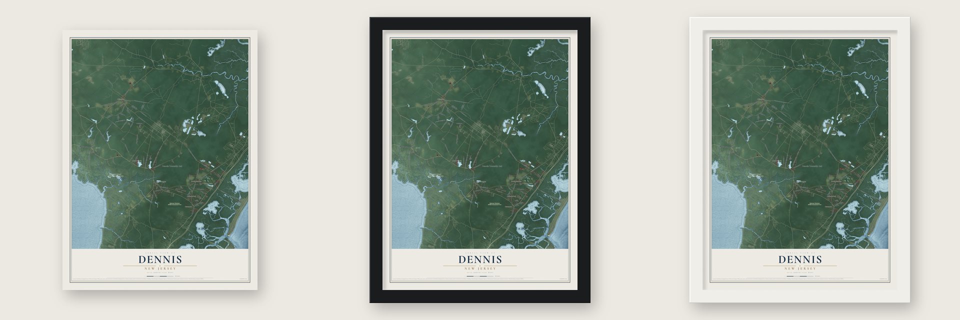 Dennis, New Jersey map unframed, in a black wood frame and in a white wood frame