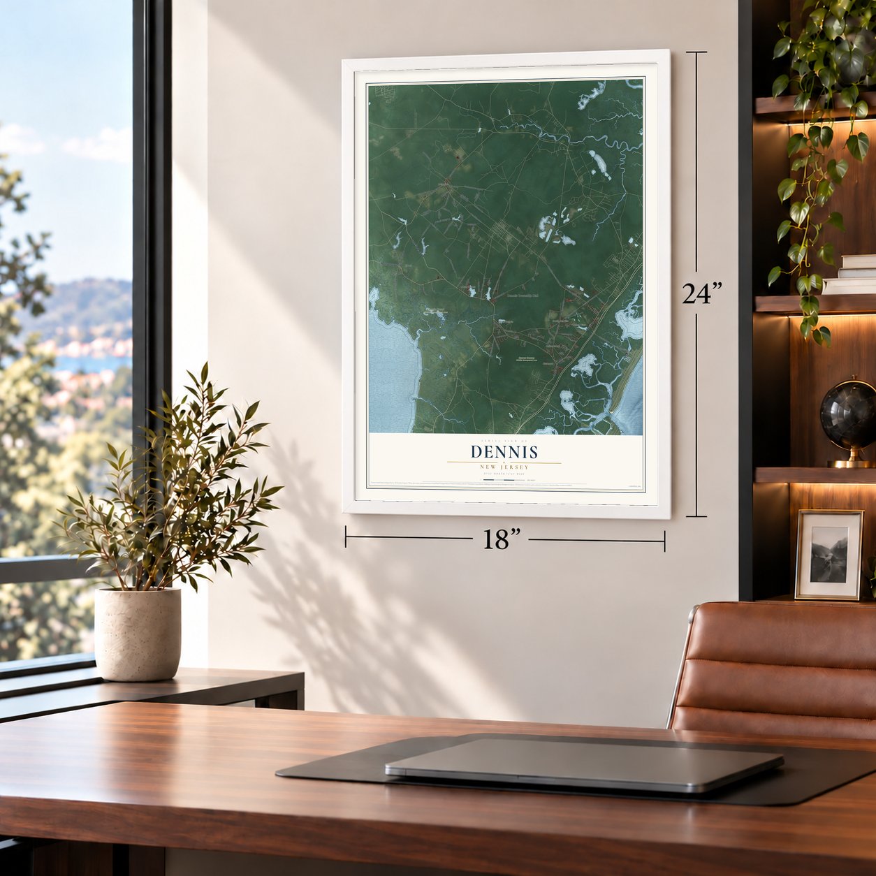 Dennis, New Jersey map, 18 x 24 inch print in a white frame in a home office