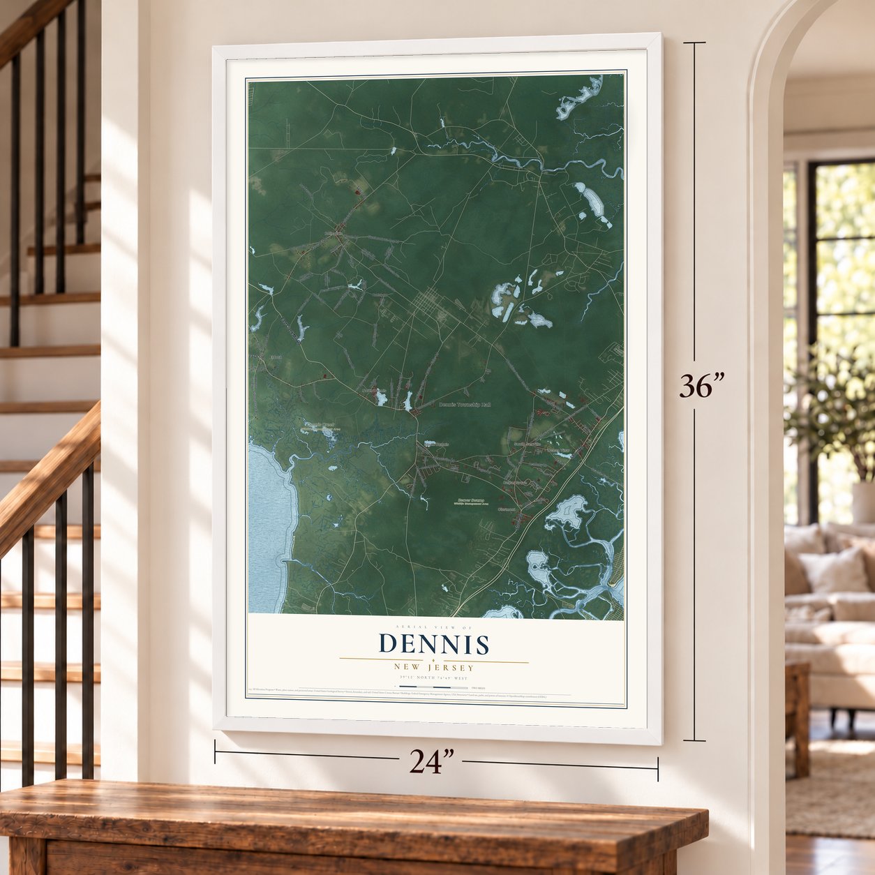 Dennis, New Jersey map, 24 x 36 inch print in a white frame by a staircase
