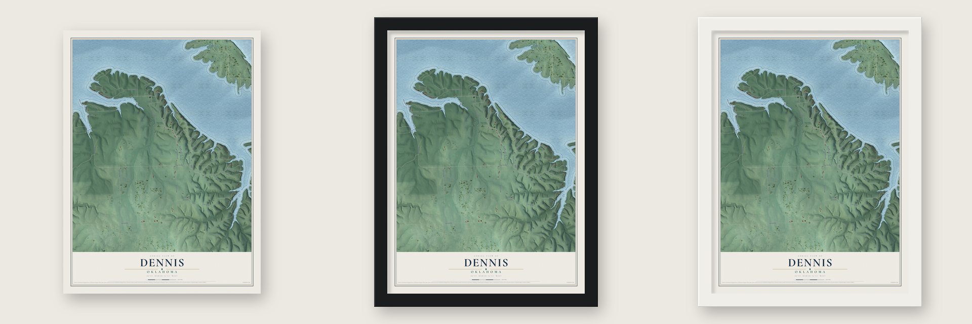 Dennis, Oklahoma map unframed, in a black wood frame and in a white wood frame