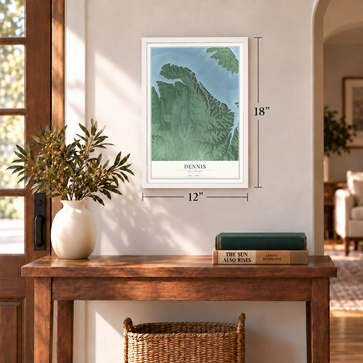 Dennis, Oklahoma map, 12 x 18 inch print in a white frame in an entryway