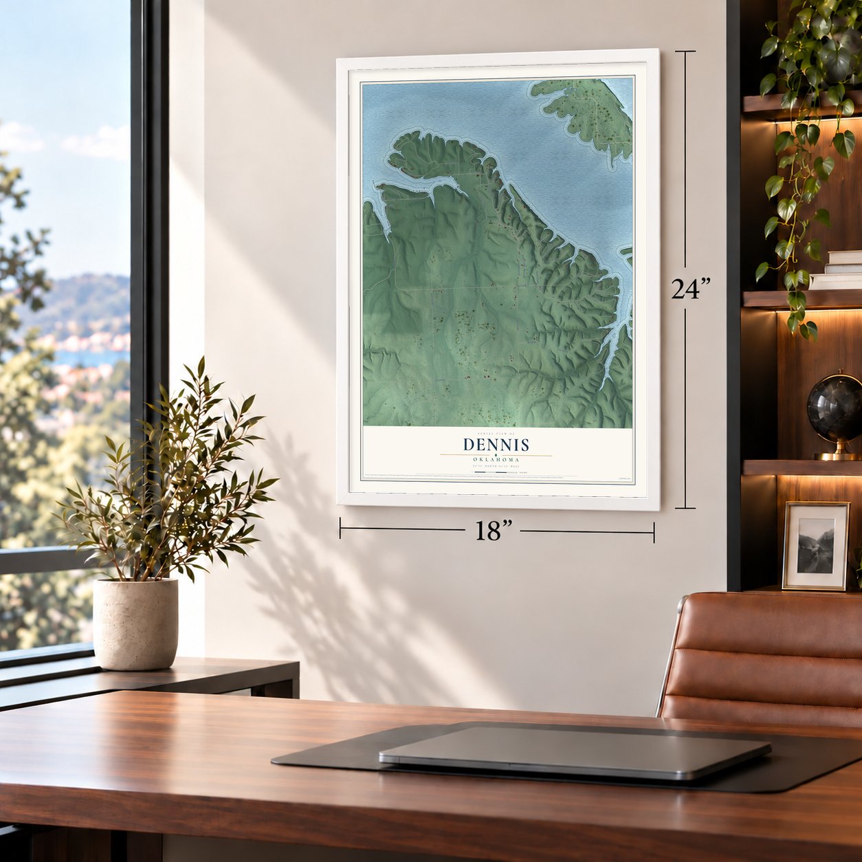 Dennis, Oklahoma map, 18 x 24 inch print in a white frame in a home office