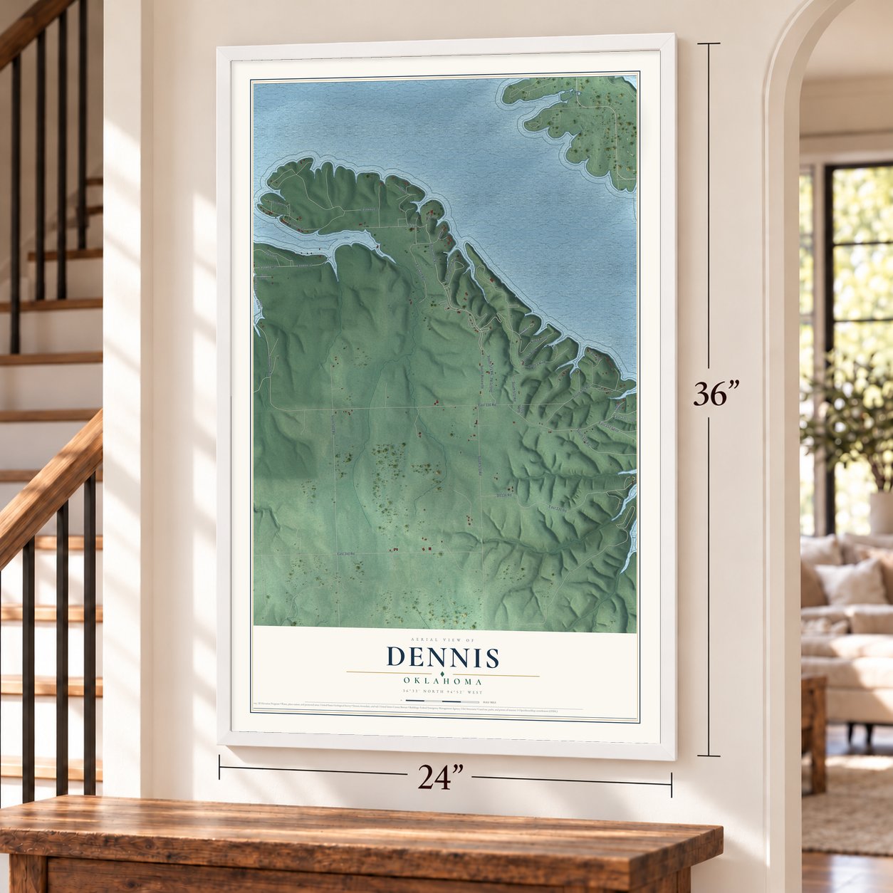 Dennis, Oklahoma map, 24 x 36 inch print in a white frame by a staircase