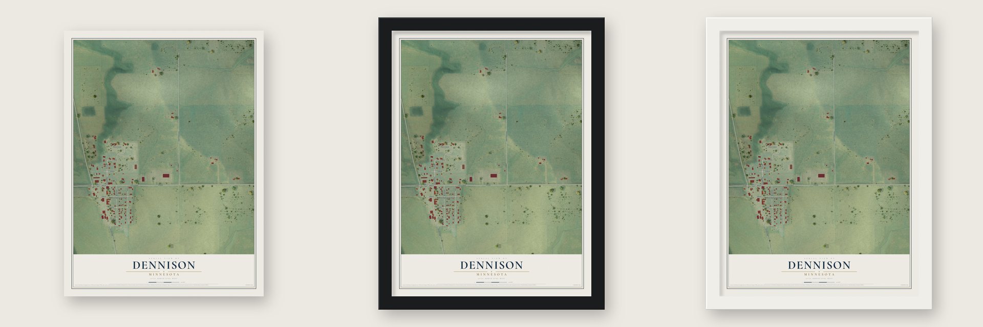 Dennison, Minnesota map unframed, in a black wood frame and in a white wood frame