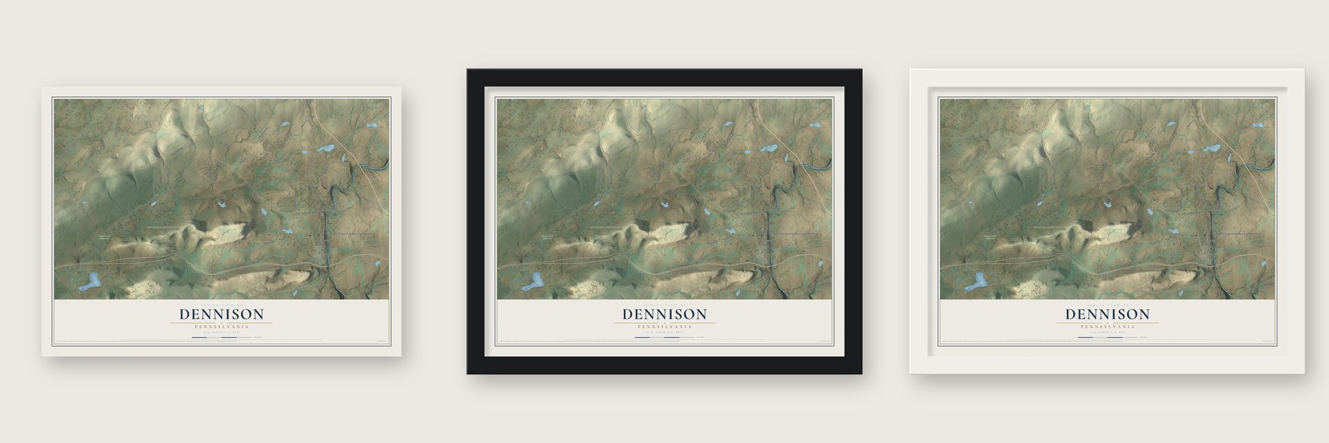Dennison, Pennsylvania map unframed, in a black wood frame and in a white wood frame
