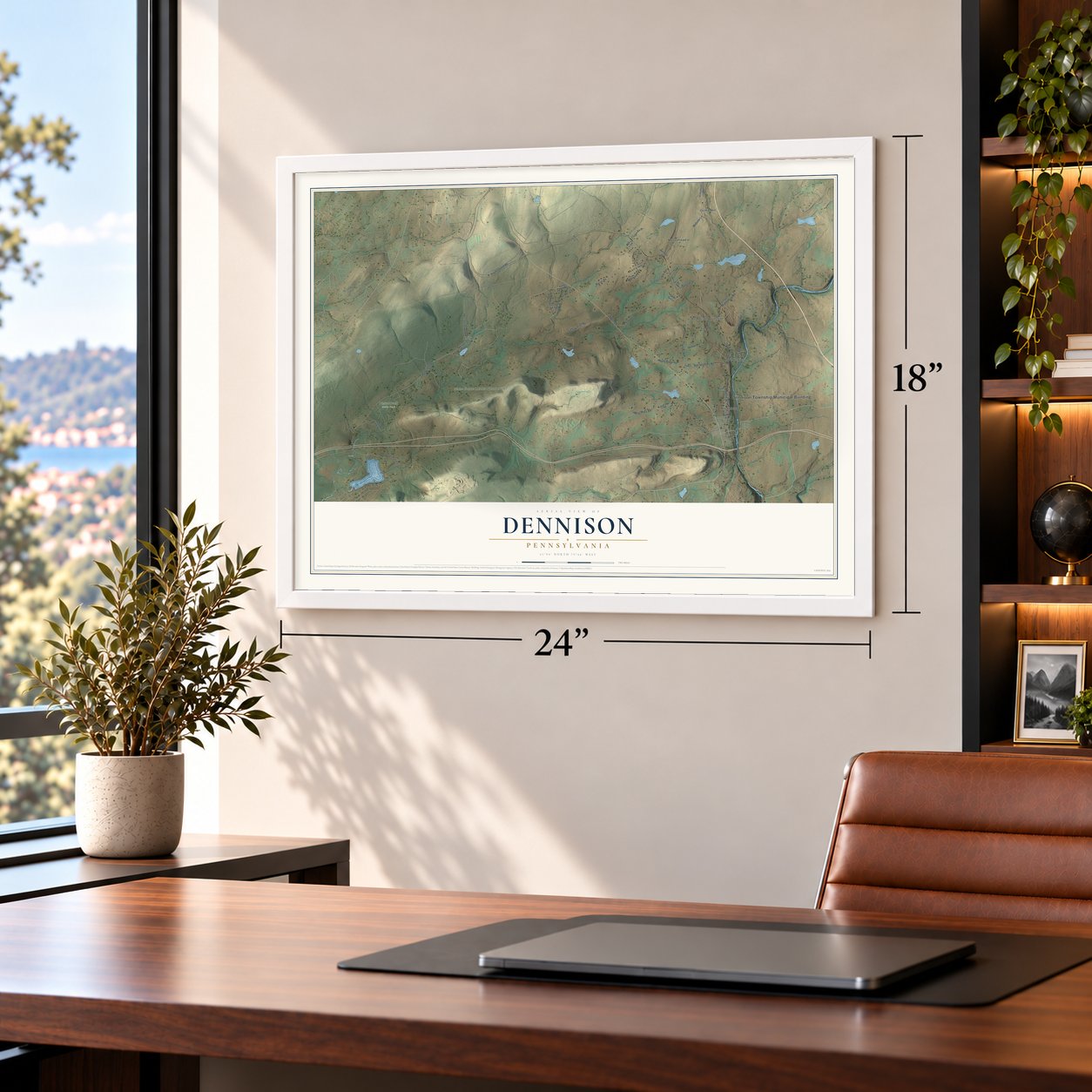 Dennison, Pennsylvania map, 18 x 24 inch print in a white frame in a home office