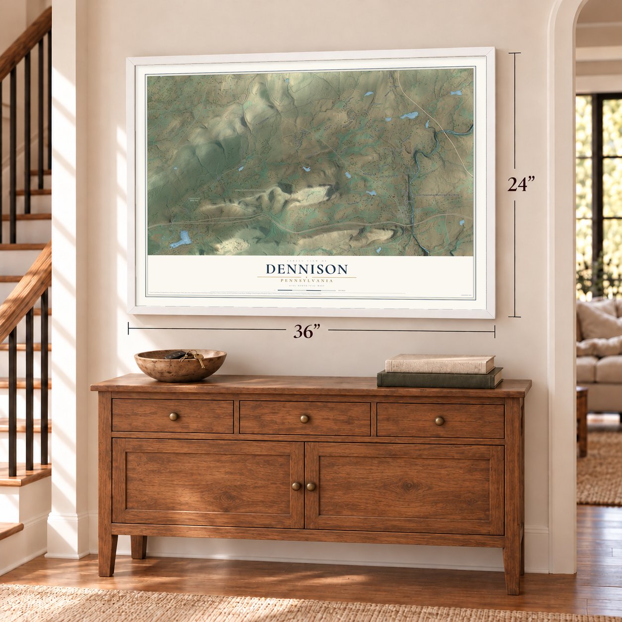 Dennison, Pennsylvania map, 24 x 36 inch print in a white frame above a dresser by a staircase
