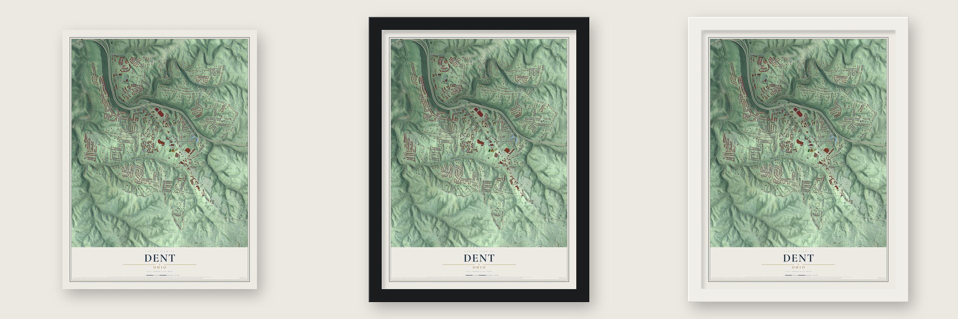 Dent, Ohio map unframed, in a black wood frame and in a white wood frame