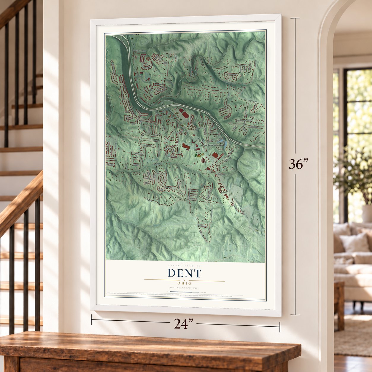 Dent, Ohio map, 24 x 36 inch print in a white frame by a staircase