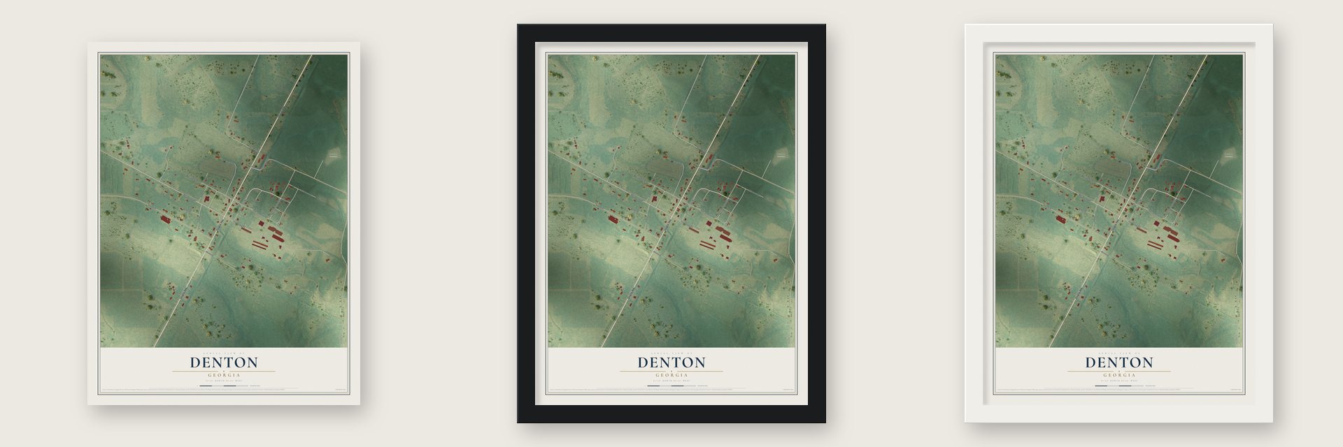 Denton, Georgia map unframed, in a black wood frame and in a white wood frame