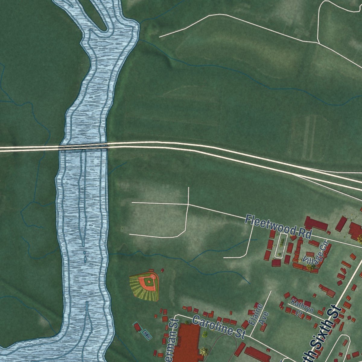 Second close-up of the map of Denton, Maryland print showing more streets and buildings