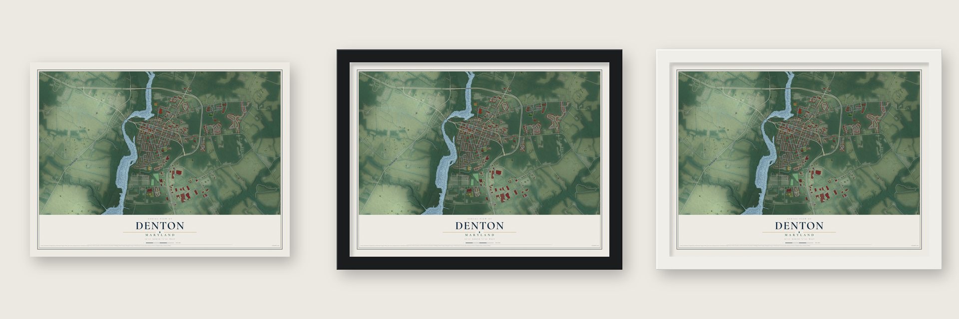 Denton, Maryland map unframed, in a black wood frame and in a white wood frame