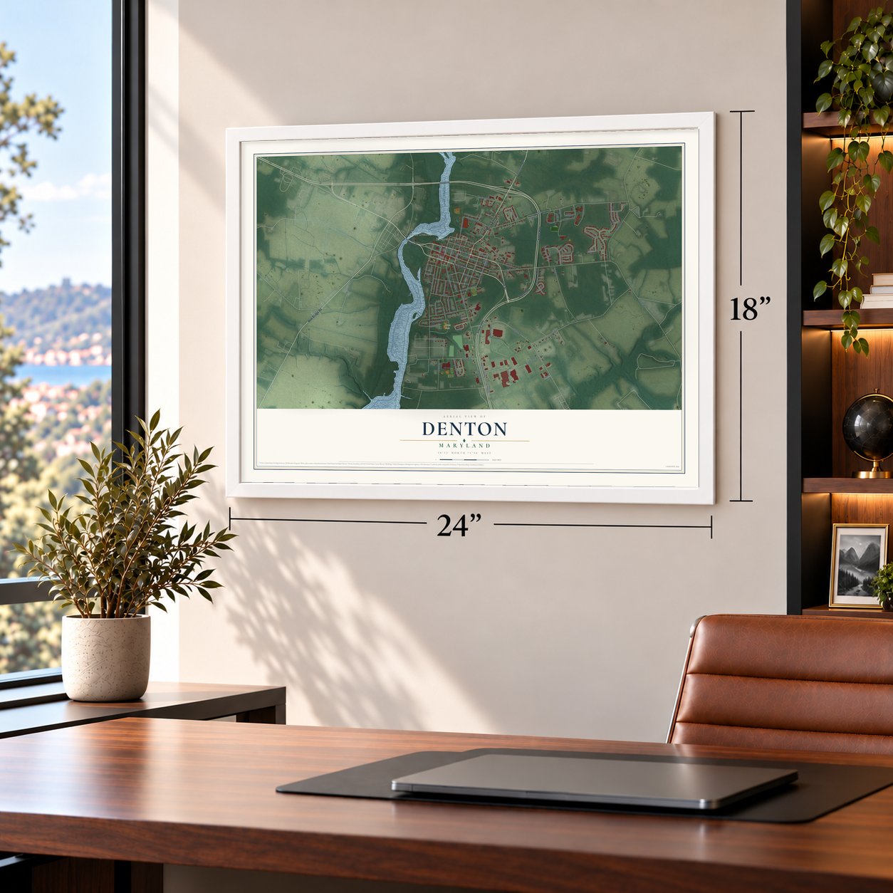 Denton, Maryland map, 18 x 24 inch print in a white frame in a home office