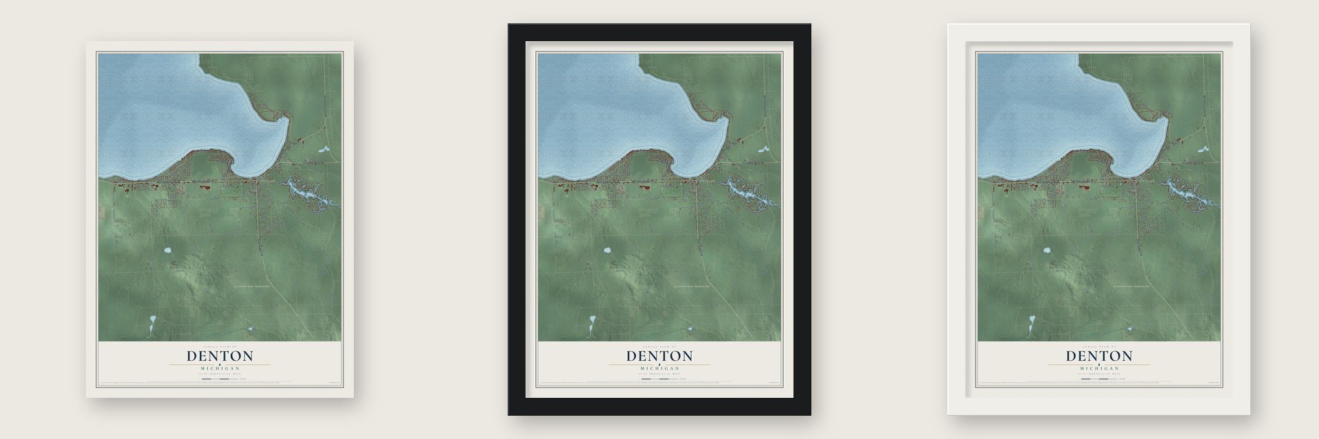 Denton, Michigan map unframed, in a black wood frame and in a white wood frame