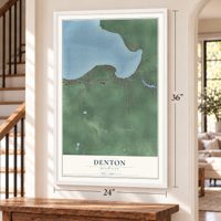Denton, Michigan map, 24 x 36 inch print in a white frame by a staircase