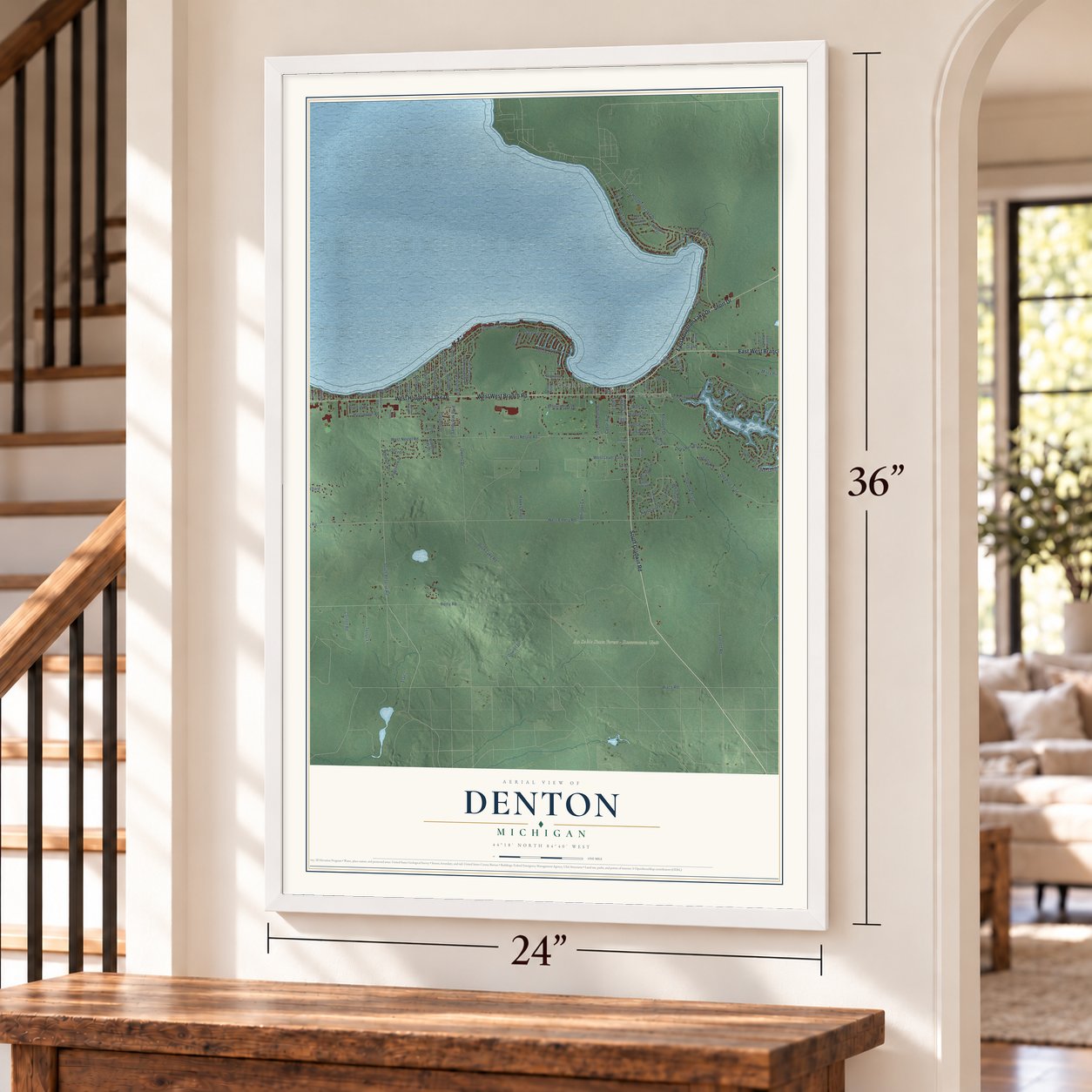 Denton, Michigan map, 24 x 36 inch print in a white frame by a staircase