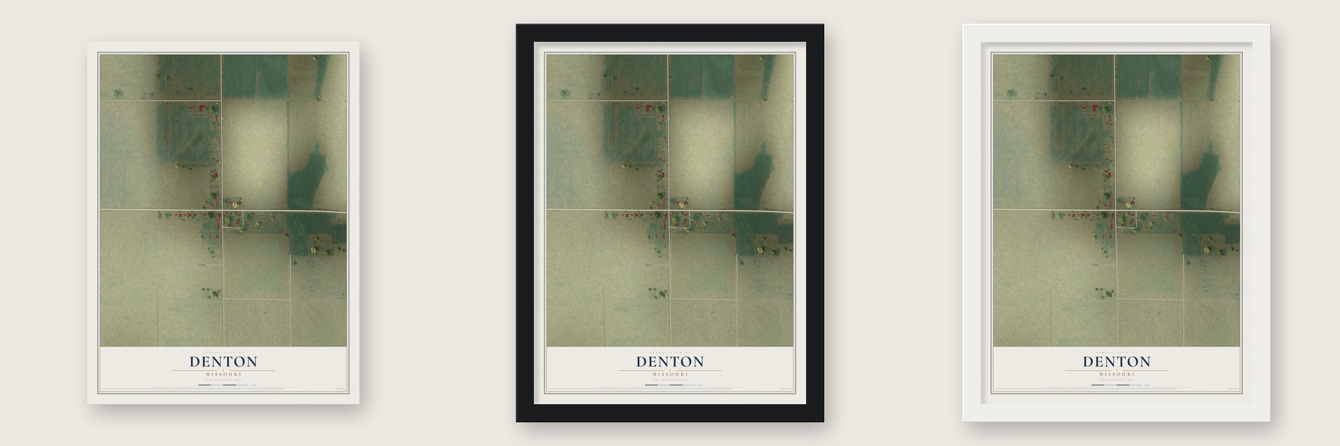 Denton, Missouri map unframed, in a black wood frame and in a white wood frame