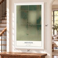 Denton, Missouri map, 24 x 36 inch print in a white frame by a staircase