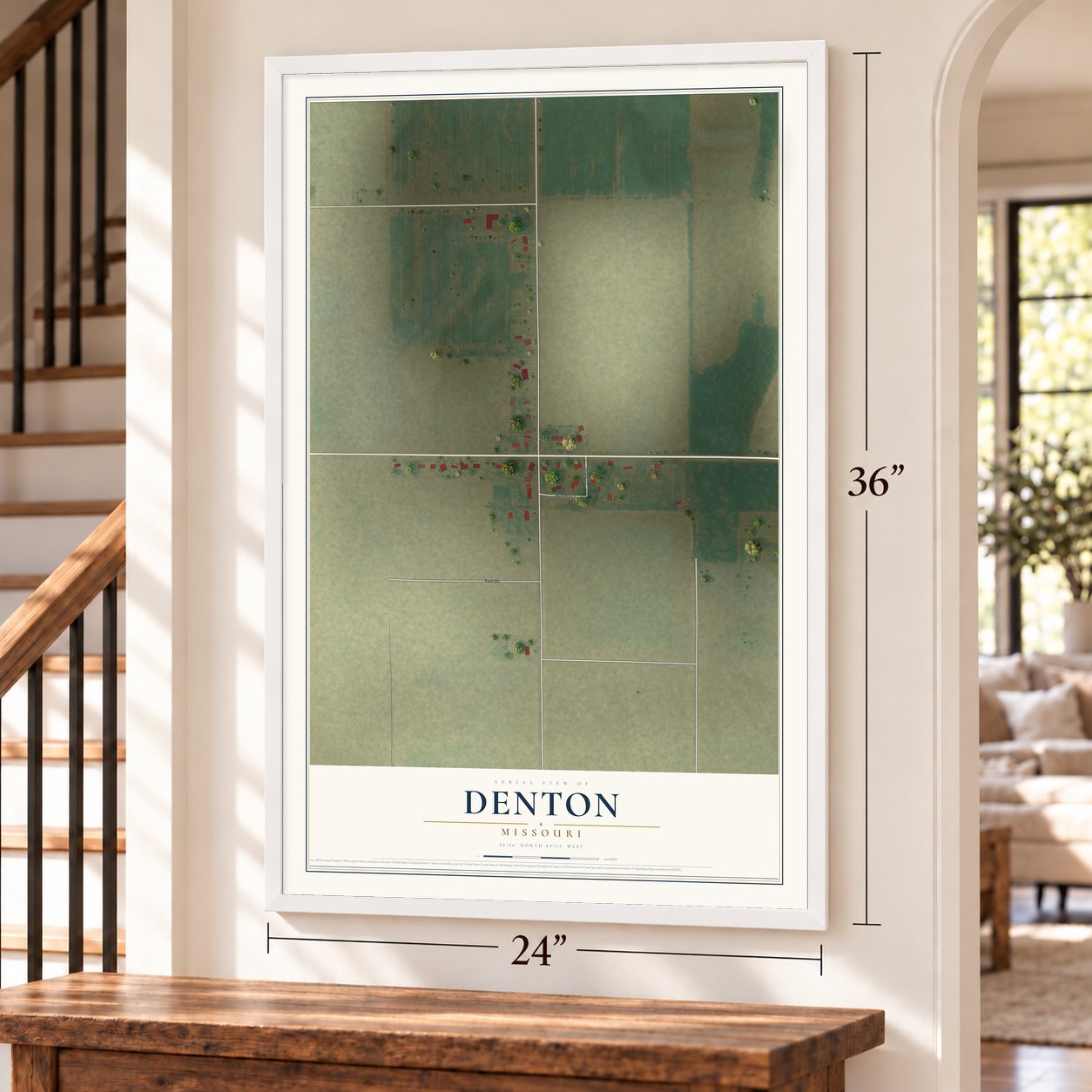 Denton, Missouri map, 24 x 36 inch print in a white frame by a staircase