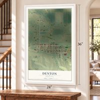 Denton, Montana map, 24 x 36 inch print in a white frame by a staircase