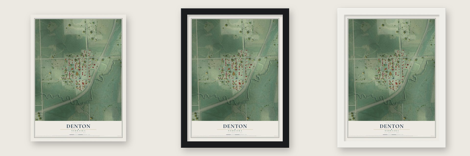 Denton, Nebraska map unframed, in a black wood frame and in a white wood frame