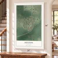 Denton, Nebraska map, 24 x 36 inch print in a white frame by a staircase