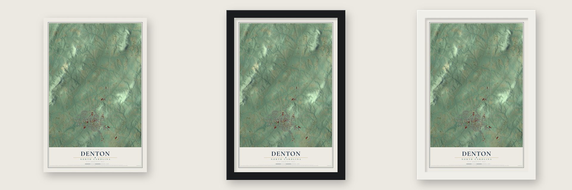 Denton, North Carolina map unframed, in a black wood frame and in a white wood frame