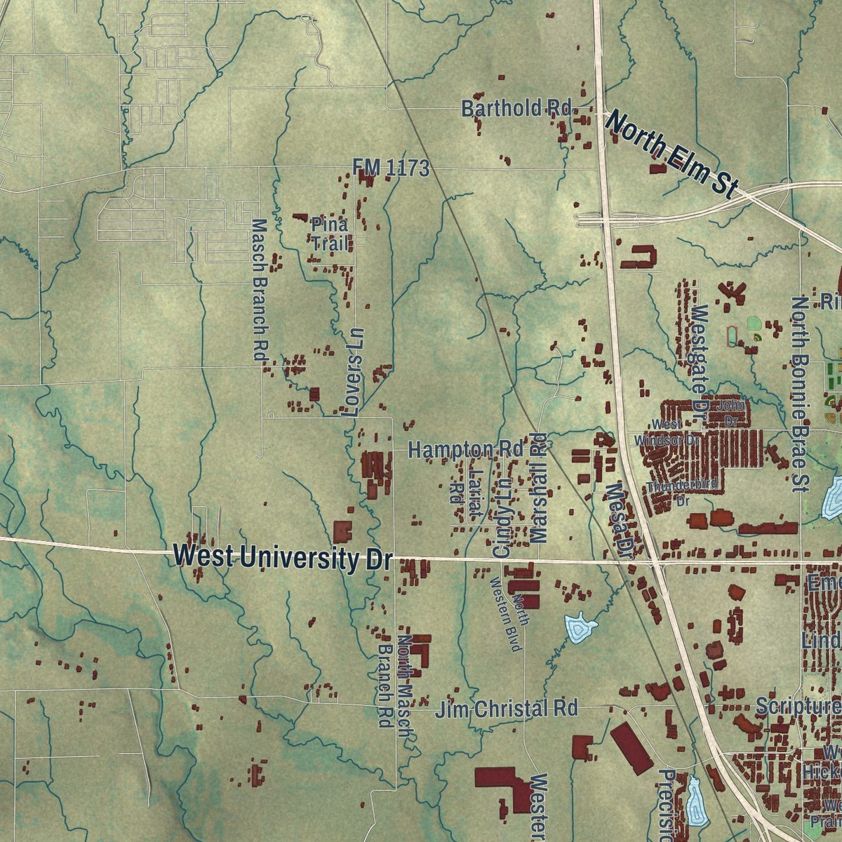 Second close-up of the map of Denton, Texas print showing more streets and buildings
