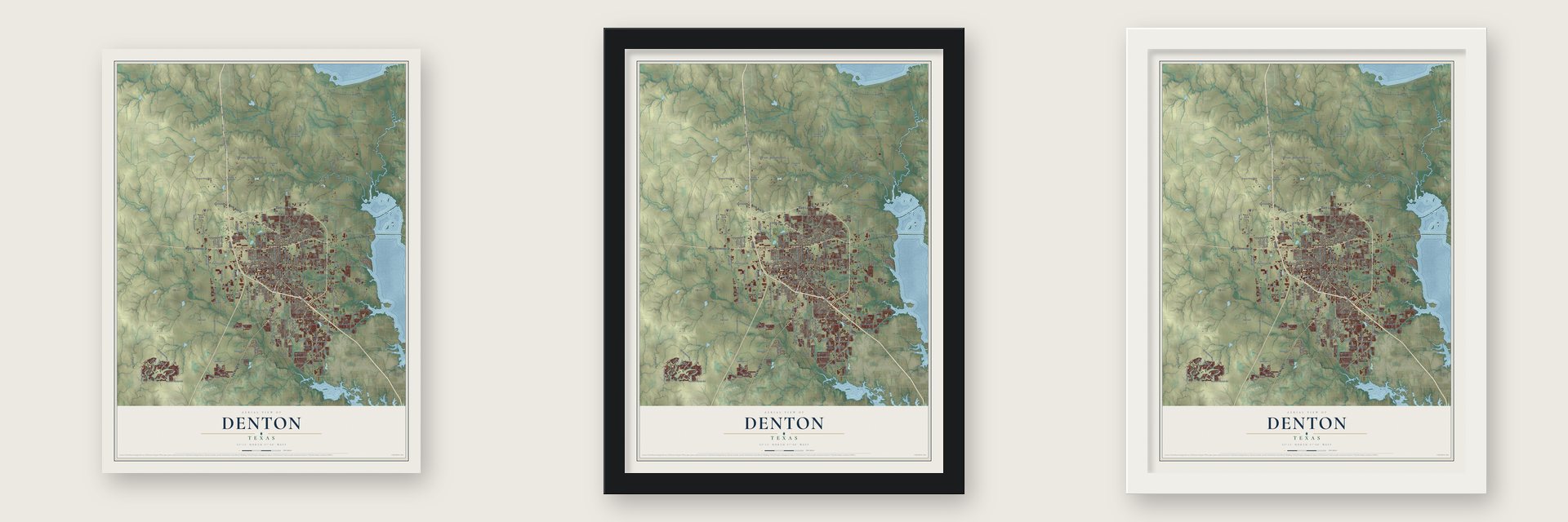 Denton, Texas map unframed, in a black wood frame and in a white wood frame