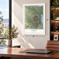 Denton, Texas map, 18 x 24 inch print in a white frame in a home office