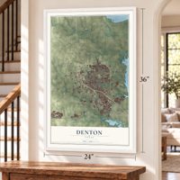 Denton, Texas map, 24 x 36 inch print in a white frame by a staircase