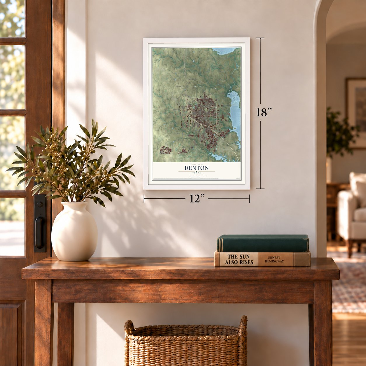 Denton, Texas map, 12 x 18 inch print in a white frame in an entryway
