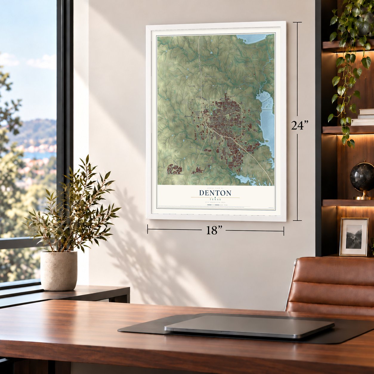 Denton, Texas map, 18 x 24 inch print in a white frame in a home office