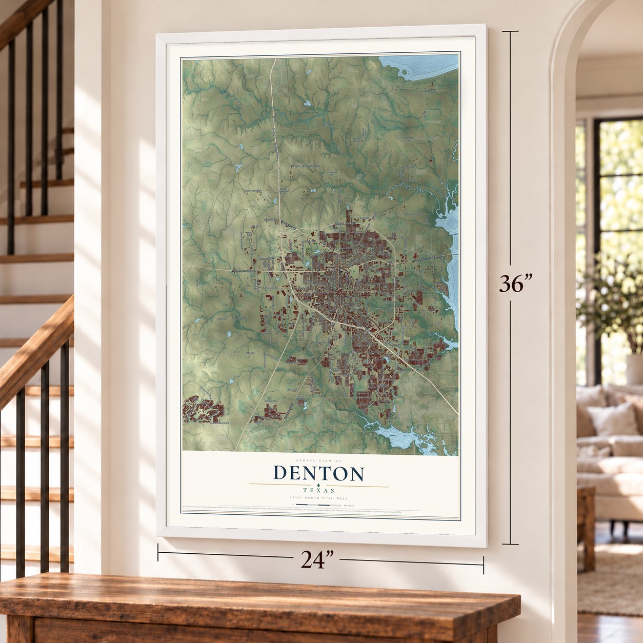 Denton, Texas map, 24 x 36 inch print in a white frame by a staircase