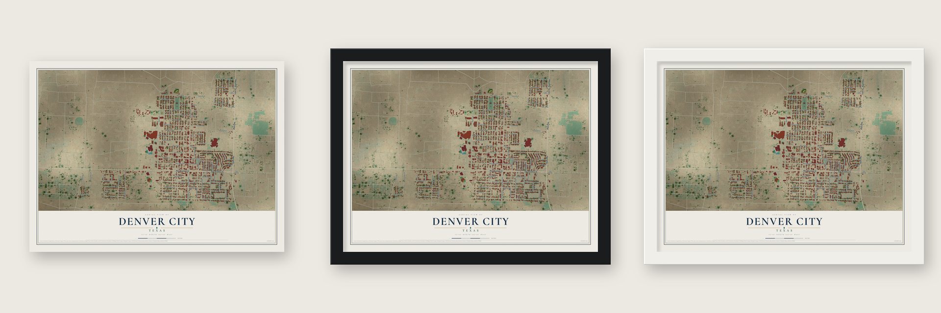Denver City, Texas map unframed, in a black wood frame and in a white wood frame