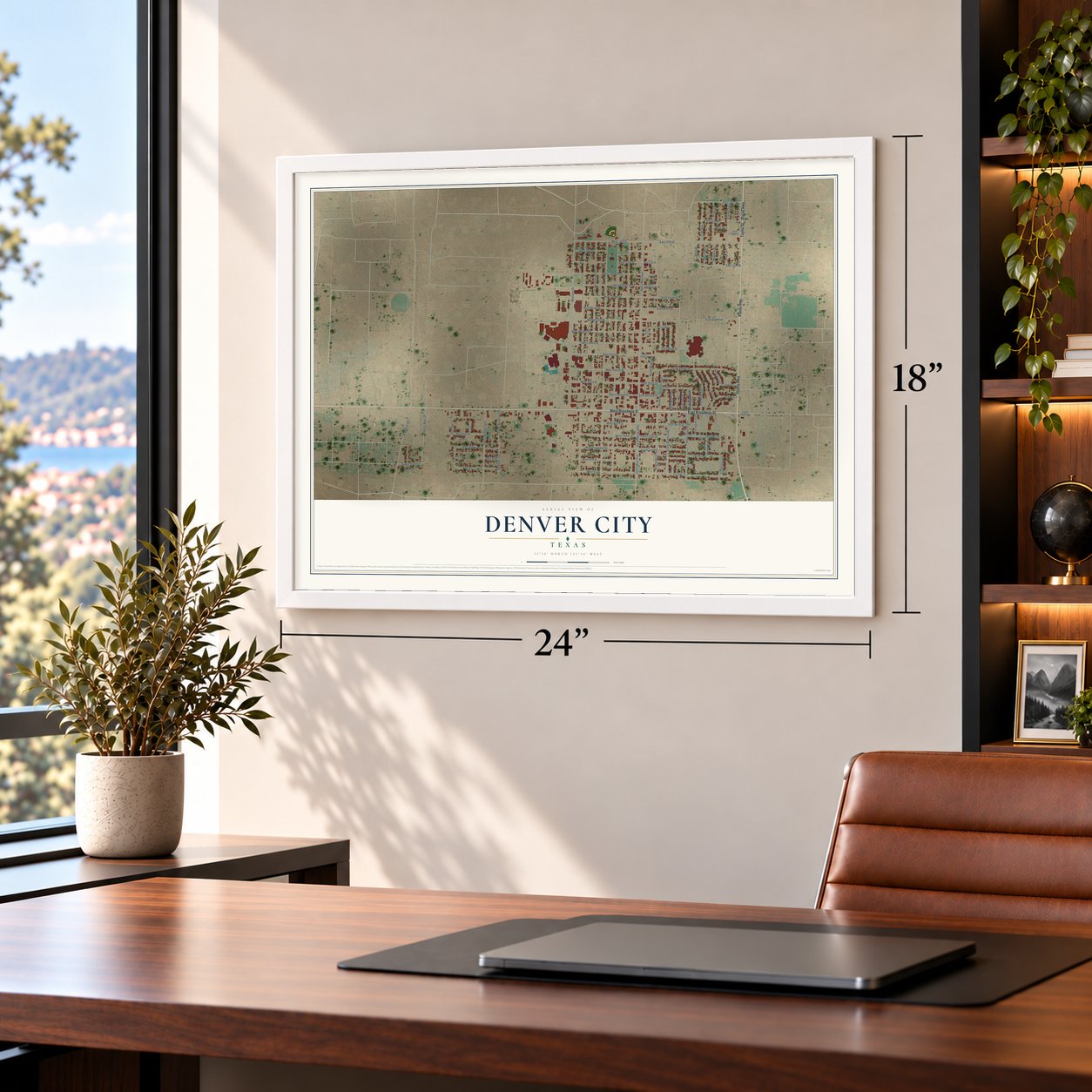 Denver City, Texas map, 18 x 24 inch print in a white frame in a home office