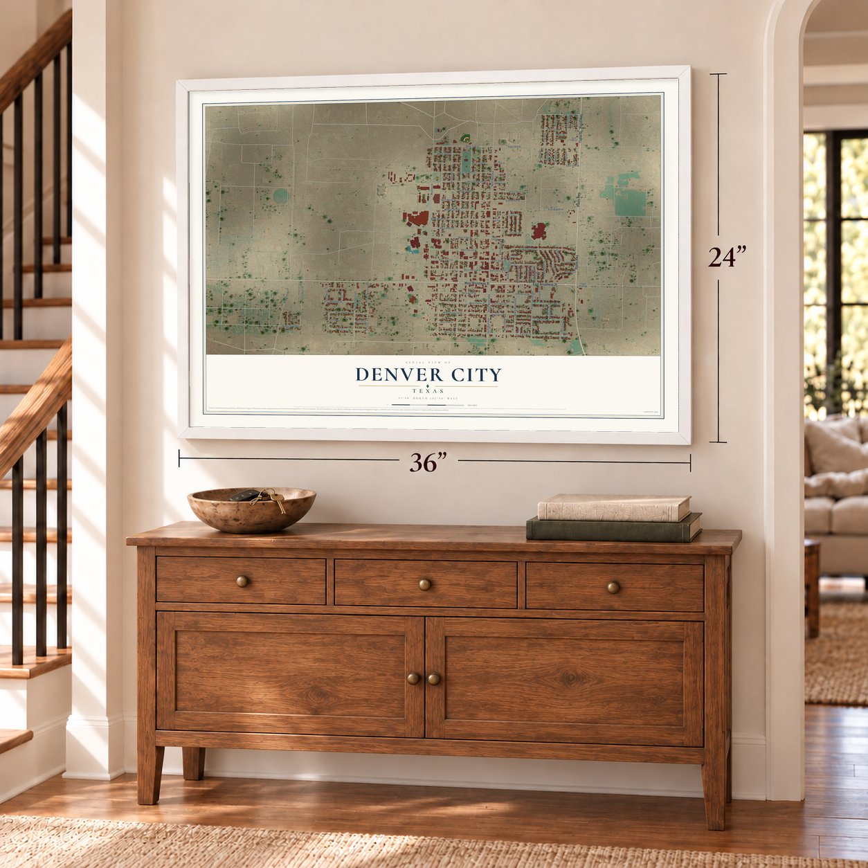 Denver City, Texas map, 24 x 36 inch print in a white frame above a dresser by a staircase
