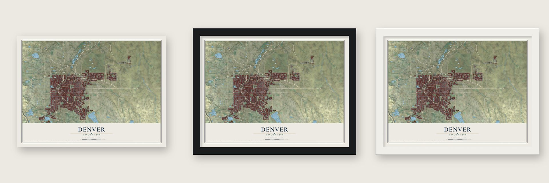 Denver, Colorado map unframed, in a black wood frame and in a white wood frame
